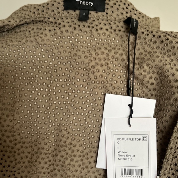 Theory Cotton Eyelet Ruffle Button up Top in Willow Shirt Petite - Picture 9 of 11